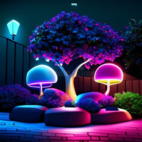 3d Render of a Night City Landscape with a Tree and Lanterns AI Generated Stock Illustration ...