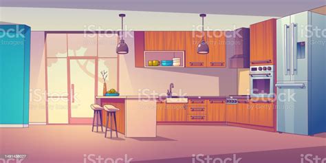 Kitchen Room Vector Cartoon Interior Illustration Stock Illustration - Download Image Now ...