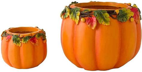 Indoor/Outdoor Fall Orange Pumpkin Planters in Weather-Safe Resin with Oak Leaf and Acorn ...