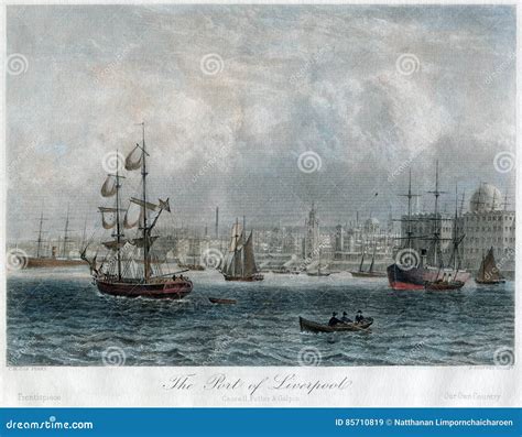 Antique Hand Colored Liverpool Port and Ships UK 1840 Editorial Stock ...