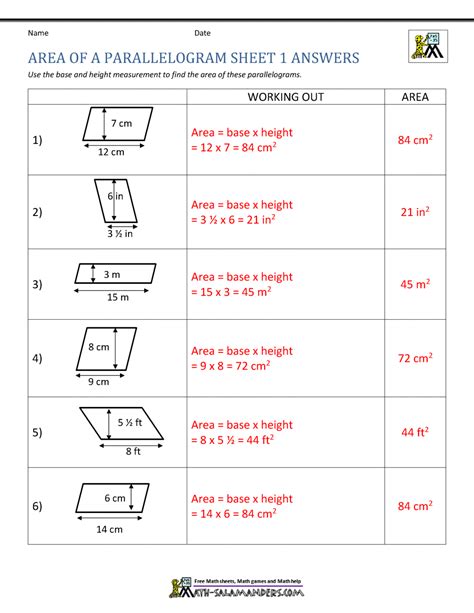 Area of Parallelogram Worksheet