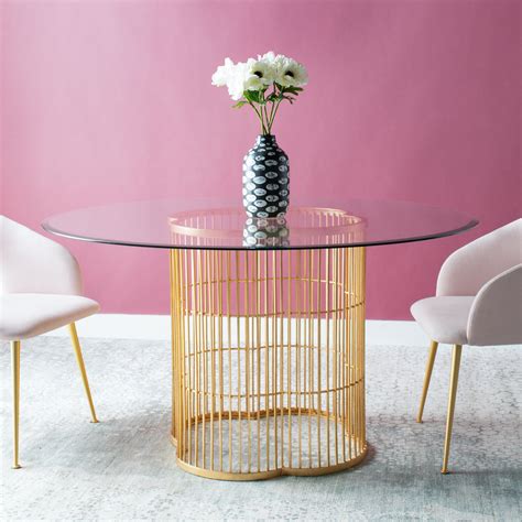 SafaviehCouture Noore Round Glass Top Metal Base Dining Table | Wayfair