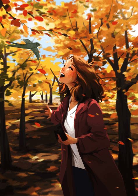 a woman standing in front of trees with leaves falling off the ground and birds flying overhead