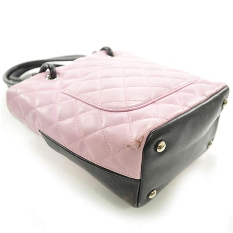 CHANEL Calfskin Quilted Small Cambon Tote Pink Black 26833