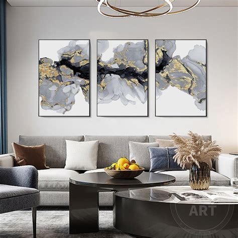 Set of 3 Gold and Black Abstract Watercolor Print on Canvas 3 - Etsy