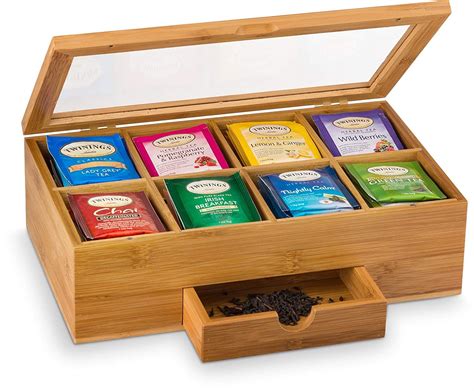 Tea Box Storage Organizer Made of Natural Bamboo | Wooden tea box, Wood tea box, Tea bag organizer