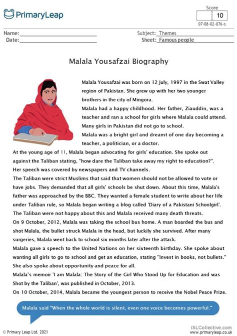 Biography - Malala Yousafzai: English ESL worksheets pdf & doc