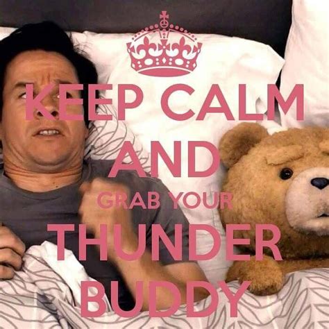 a man laying in bed next to a teddy bear with the words keep calm and ...