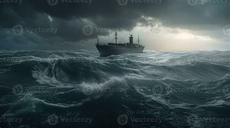 Ship in the stormy sea with huge waves. Giant stormy waves in the ocean and boat. Generated AI ...