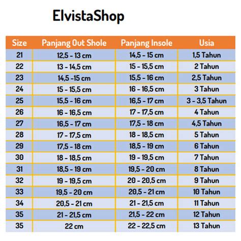 Jual Tabel Ukuran Sepatu Anak dari 21 - 35 | Elvista shop - Jakarta Selatan - Elvistashop ...