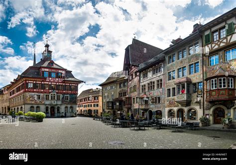 Town Hall in the main square, historic houses in the old town, Stein am ...