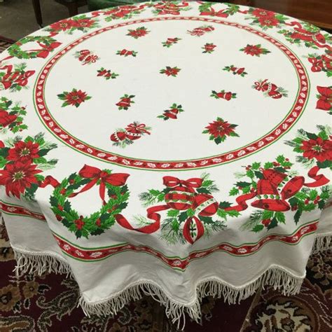Vintage Christmas Round Tablecloth White Red Green Fringed | Etsy ...