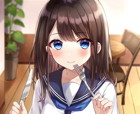 Anime, Original, Blue Eyes, Brown Hair, Fork, Girl, Knife, HD wallpaper | Peakpx