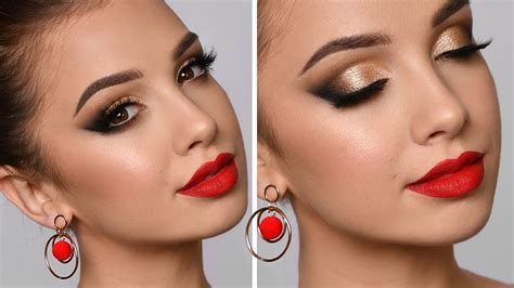 HOLIDAY GLAM Makeup Tutorial | Red Lipstick and Gold Smokey Eye - YouTube
