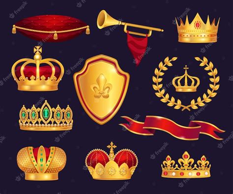 Free Vector | Monarchy attributes heraldic symbols realistic set with gold crowns tiara trumpet ...