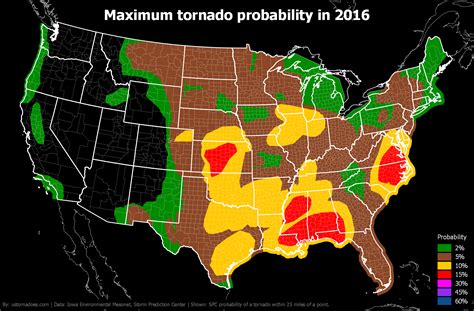 Maximum tornado probabilities by month and year - ustornadoes.com