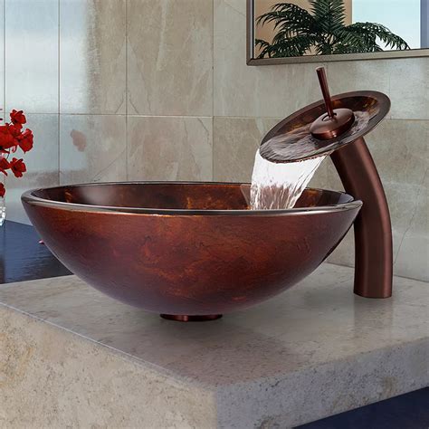 VIGO Glass Vessel Bathroom Sink in Brown and Gold Fusion with Waterfall ...