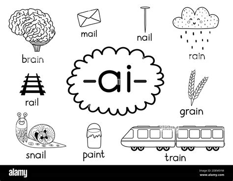 Learning ai digraph. Phonics for kids. Black and white educational poster Stock Vector Image ...