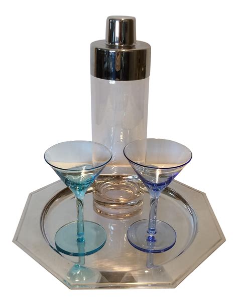 Vintage Martini Shaker with 2 Glasses & Silver Plated Tray Set | Chairish