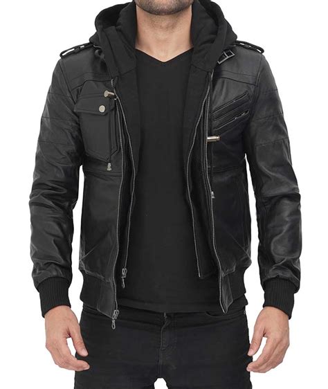 Mens Leather Jacket With Hood in Black | Free Insured Shipping