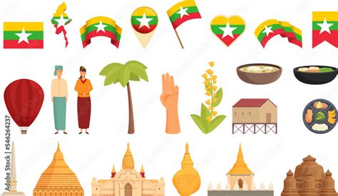 Myanmar icons set cartoon vector. Burma landmark. Yangon map Stock ...