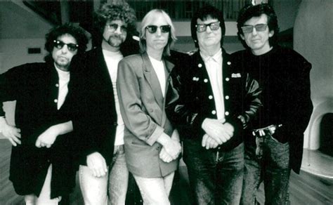 The Traveling Wilburys members Bob Dylan, George Harrison, Roy Orbison, Tom Petty and Jeff Lynne ...