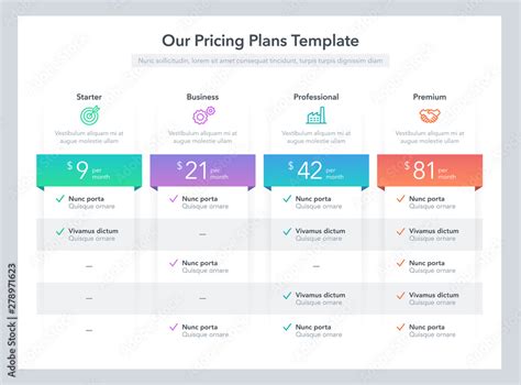 Modern pricing comparison table with various subscription plans. Flat ...