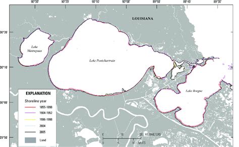 Map showing shoreline change around Lake Pontchartrain, Lake Borgne,... | Download Scientific ...