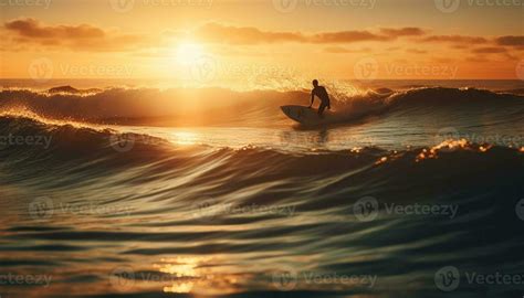 Silhouette holding surfboard, surfing into the sunset generated by AI ...