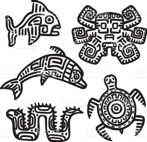 Mayan art animals vector set. Slow turtle, active dolphin, dangerous moray eel, mysterious ...