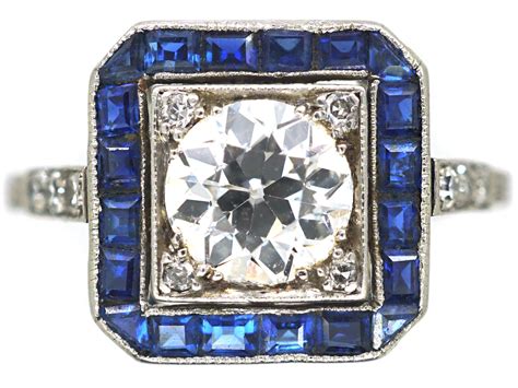 Art Deco Platinum, Sapphire & Diamond Square Ring (928N) | The Antique ...