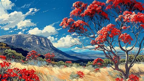 A Stunning Landscape Painting Showcases Corymbia Ficifolia Trees with Fiery Red Blooms Stock ...