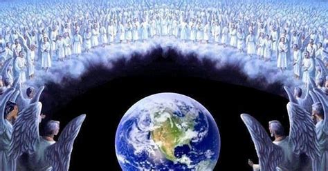 an image of the earth surrounded by many angel's and men in white robes