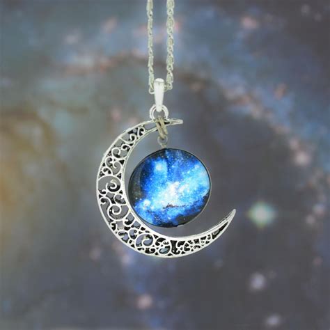 Galaxy Necklace,Silver Moon Pendant Necklace,Moon Necklace,Charm Necklace,Bib Necklace,Hollow ...