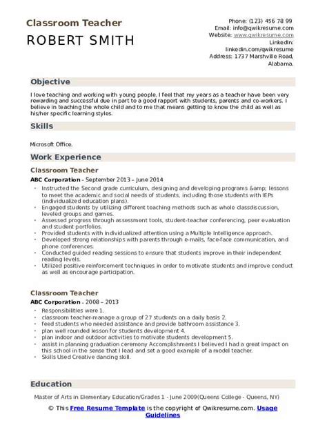 Classroom Teacher Resume Samples | QwikResume