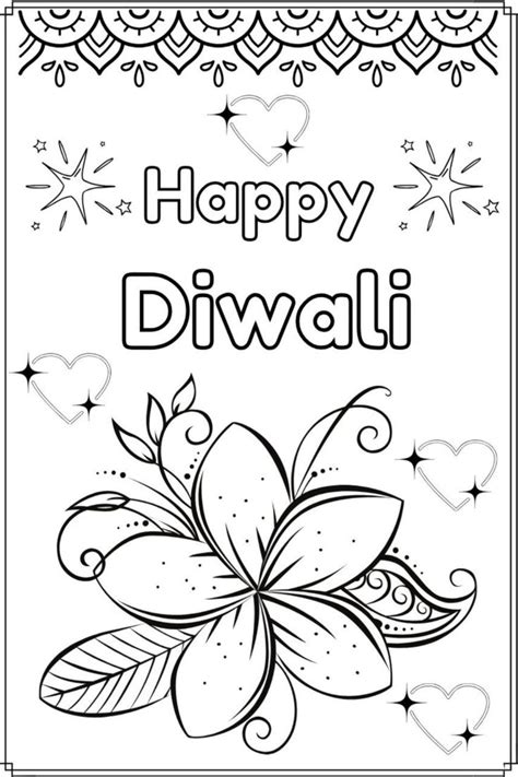 happy diwali coloring page with flowers and hearts in the background for adults to color