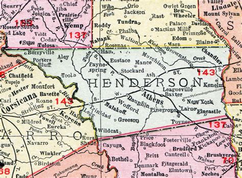 Henderson County, Texas, Map, 1911, Athens, Malakoff, Poynor, Chandler ...