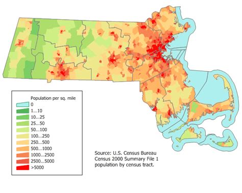 Landkarte Massachusetts (Karte Bevölkerungsdichte) : Weltkarte.com - Karten und Stadtpläne der Welt