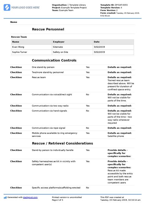 Confined Space Rescue Plan Template: Free Sample and Example