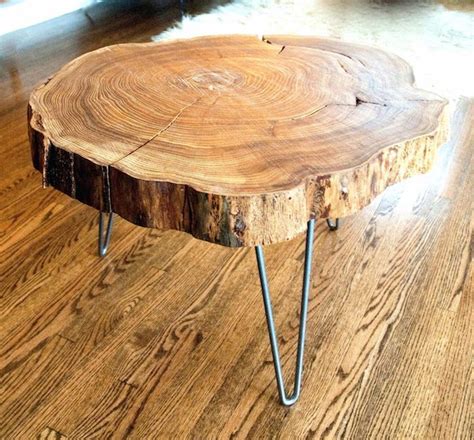 table basse rondin de bois nature et rustique sur pied de métal pour déco de salon | Tree trunk ...