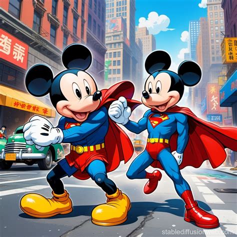 Epic Showdown: Mickey Mouse vs Superman in 1945 New York | Stable Diffusion Online