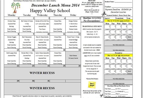 December Lunch Menu | Happy Valley School