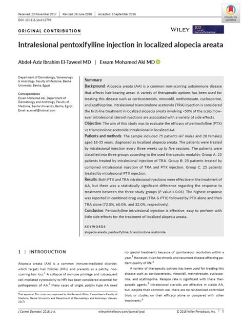 Intralesional Pentoxifylline Injection in Localized Alopecia Areata 2018 | PDF | Health Sciences ...