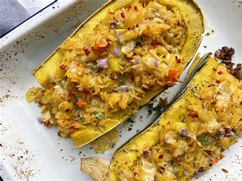 baked marrow stuffed with chorizo, stilton and orzo - Dom in the Kitchen