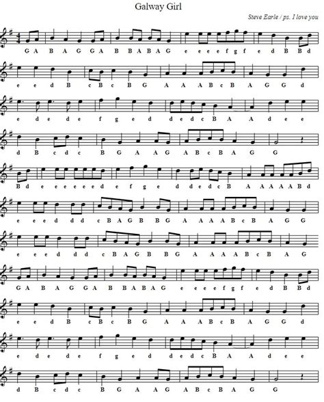 Galway Girl Song Lyrics Guitar Chords And Tin Whistle Sheet Music - Irish folk songs