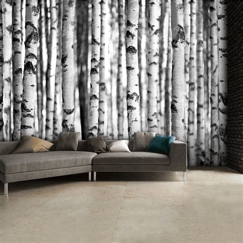 Black and White Birch Trees Wall Mural | 315cm x 232cm | Tree wallpaper bedroom, Tree wall ...