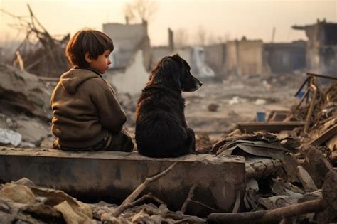 Premium AI Image | Refugee crisis Children and Dog sit on debris of ruined houses in war zones