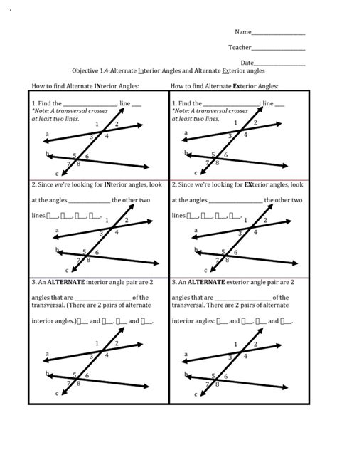 1.4 Identifying Alternate Interior and Exterior Angles (Worksheet ...