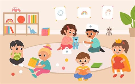 Premium Vector | Kids play toys and games together in kindergarden ...