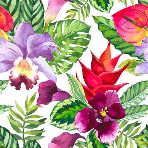 Vector illustration with watercolor flowers. Beautiful seamless background with tropical flowers ...